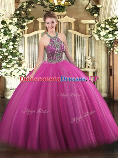 Discount Halter Top Sleeveless 15th Birthday Dress Floor Length Beading Hot Pink Tulle - Click Image to Close