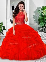 Red Tulle Zipper Halter Top Sleeveless Floor Length 15 Quinceanera Dress Lace and Ruffles