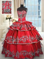 Modest Red Sweetheart Neckline Embroidery and Ruffled Layers Sweet 16 Dress Sleeveless Lace Up