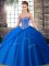 On Sale Tulle Sweetheart Sleeveless Brush Train Lace Up Beading and Pick Ups Quince Ball Gowns in Blue