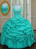 Trendy Pick Ups Straps Sleeveless Lace Up Sweet 16 Dresses Aqua Blue Taffeta