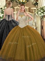 Delicate Ball Gowns Quinceanera Gowns Brown Halter Top Tulle Sleeveless Floor Length Lace Up