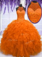 Custom Made Floor Length Orange Red 15th Birthday Dress Organza Sleeveless Beading and Ruffles