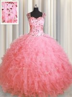 See Through Zipper Up Pink Sleeveless Organza Zipper 15th Birthday Dress for Military Ball and Sweet 16 and Quinceanera