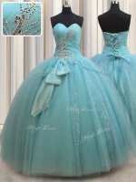 Decent Ball Gowns Vestidos de Quinceanera Aqua Blue Sweetheart Tulle Sleeveless Floor Length Lace Up