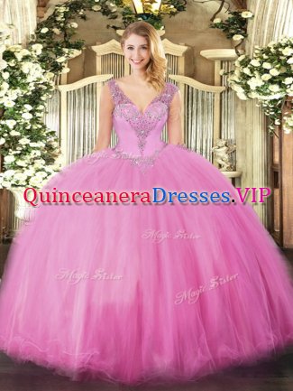 Traditional Rose Pink Ball Gowns Beading Sweet 16 Dress Lace Up Tulle Sleeveless Floor Length