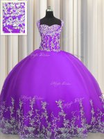 Eggplant Purple Tulle Lace Up Straps Sleeveless Floor Length Quince Ball Gowns Beading and Appliques