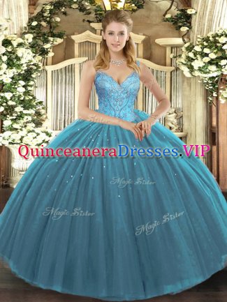 Fashionable Floor Length Teal 15 Quinceanera Dress V-neck Sleeveless Lace Up