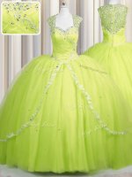 Zipper Up Cap Sleeves Tulle With Brush Train Zipper Quinceanera Gown in Yellow Green with Beading and Appliques