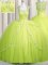 Zipper Up Cap Sleeves Tulle With Brush Train Zipper Quinceanera Gown in Yellow Green with Beading and Appliques