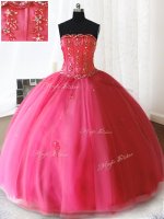 Flare Floor Length Hot Pink Quinceanera Dresses Tulle Sleeveless Beading and Appliques