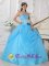 Ebchester Durham Fashionable Aqua Blue Quinceanera Dress With Strapless Neckline Flowers Decorate On Organza