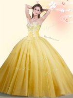 Hot Sale Gold Sleeveless Floor Length Beading Lace Up Quinceanera Gown