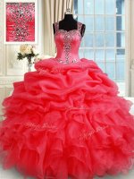 Sumptuous Pick Ups Straps Sleeveless Zipper Sweet 16 Quinceanera Dress Coral Red Organza