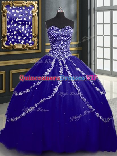 Sleeveless With Train Beading and Appliques Lace Up 15 Quinceanera Dress with Blue Brush Train - Click Image to Close