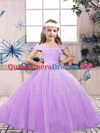 Perfect Off The Shoulder Sleeveless Lace Up Little Girl Pageant Gowns Lavender Tulle