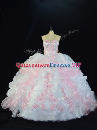Pink And White Sleeveless Floor Length Beading and Pick Ups Lace Up 15 Quinceanera Dress - Click Image to Close