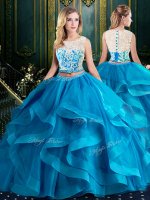 Sweet Baby Blue Zipper Scoop Lace and Ruffles Quinceanera Gowns Tulle Sleeveless Brush Train