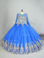 Affordable Long Sleeves Floor Length Beading and Appliques Lace Up Sweet 16 Dress with Blue