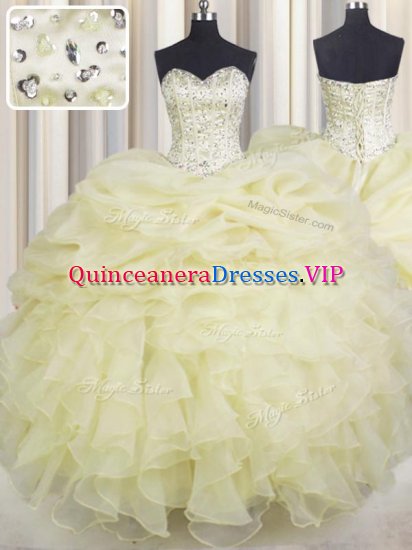 Superior Light Yellow Quinceanera Gowns Military Ball and Sweet 16 and Quinceanera with Beading and Ruffles Sweetheart Sleeveless Lace Up - Click Image to Close