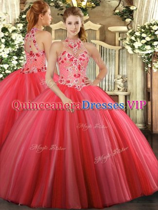 Glamorous Coral Red Sleeveless Embroidery Floor Length Ball Gown Prom Dress