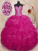 Popular Sleeveless Organza Floor Length Lace Up Sweet 16 Dresses in Fuchsia with Beading and Ruffles