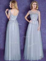 Top Selling Grey Empire Tulle Scoop Cap Sleeves Appliques and Bowknot Floor Length Lace Up Quinceanera Court Dresses