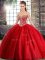 Red Lace Up Quinceanera Dress Beading Sleeveless Brush Train