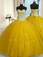 Hot Sale Gold Ball Gowns Beading and Sequins Quinceanera Gowns Lace Up Tulle Sleeveless Floor Length