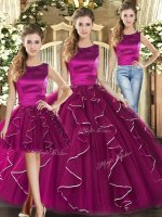 Edgy Fuchsia Scoop Neckline Ruffles Quinceanera Gown Sleeveless Lace Up(SKU SJQDDT1584007BIZ)