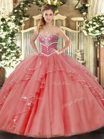 Decent Floor Length Coral Red Sweet 16 Quinceanera Dress Tulle Sleeveless Beading and Ruffles