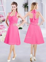 Halter Top Sleeveless Knee Length Ruching Zipper Quinceanera Dama Dress with Hot Pink