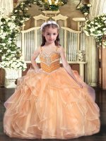 Straps Sleeveless High School Pageant Dress Floor Length Beading and Ruffles Peach Organza