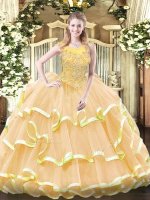 Gold Organza Zipper Scoop Sleeveless Floor Length Ball Gown Prom Dress Beading and Ruffled Layers