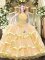 Gold Organza Zipper Scoop Sleeveless Floor Length Ball Gown Prom Dress Beading and Ruffled Layers