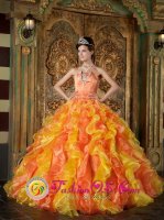 Turku Finland Exclusive Orange Strapless Quinceanera Dress For Appliques Decorate Organza Ruffles Ball Gown