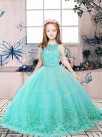 Sleeveless Backless Floor Length Lace and Appliques Little Girls Pageant Dress