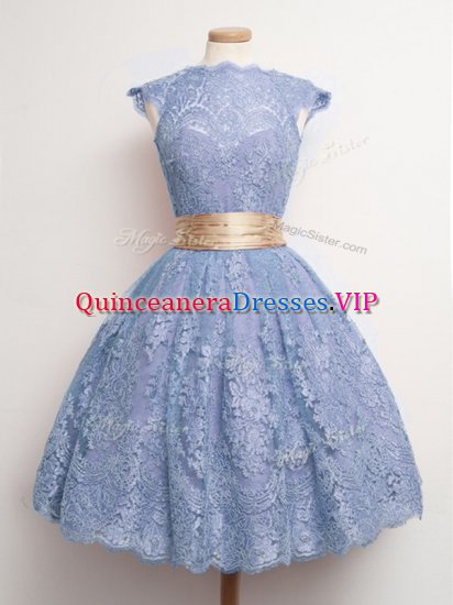 Superior High-neck Cap Sleeves Lace Up Quinceanera Court Dresses Blue Lace - Click Image to Close