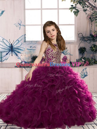 Lovely Fuchsia Scoop Lace Up Beading and Ruffles Little Girls Pageant Gowns Sleeveless - Click Image to Close
