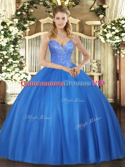 Floor Length Blue Quinceanera Gown V-neck Sleeveless Lace Up - Click Image to Close
