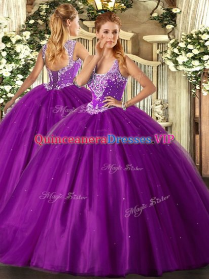 Superior Ball Gowns Quinceanera Dress Purple Straps Tulle Sleeveless Floor Length Lace Up - Click Image to Close