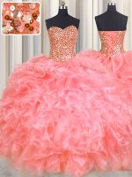 New Arrival Halter Top Floor Length Watermelon Red Sweet 16 Quinceanera Dress Organza Sleeveless Beading and Ruffles