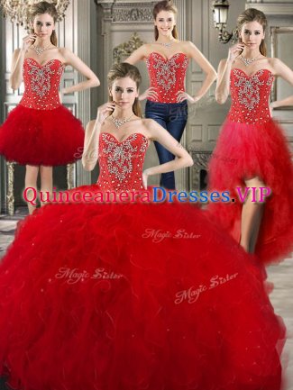 Discount Four Piece Floor Length Red Sweet 16 Dresses Sweetheart Sleeveless Lace Up