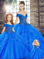 Stylish Royal Blue Tulle Lace Up Quinceanera Dress Sleeveless Floor Length Beading and Ruffles