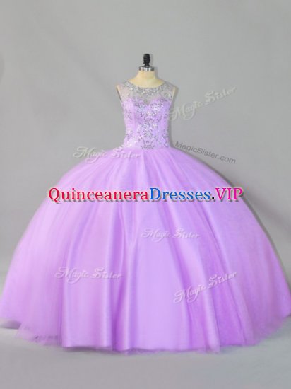 Lavender Ball Gowns Scoop Sleeveless Tulle Floor Length Zipper Sequins Quince Ball Gowns - Click Image to Close