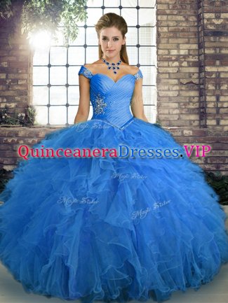 Edgy Sleeveless Floor Length Beading and Ruffles Lace Up Sweet 16 Dress with Blue