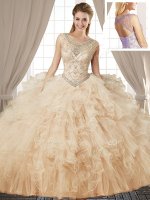 Scoop Champagne Sleeveless Floor Length Beading and Ruffles Lace Up Quinceanera Dresses