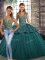 Straps Sleeveless Quinceanera Gown Floor Length Beading and Appliques Green Tulle