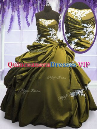 Floor Length Olive Green Quinceanera Dress Taffeta Sleeveless Appliques and Pick Ups
