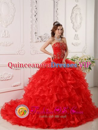 Ruffles and Embroidery Informal Red Rockingham WA Quinceanera Dress Strapless Organza Brush Train Ball Gown